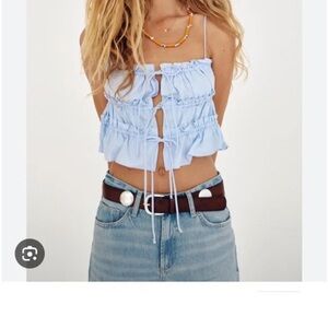 Zara Blue and White Ruffled Camisole Top
